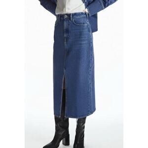 COS Front Slit Denim ALine High Waist Midi Skirt Size 2 Pockets Staple Essential
